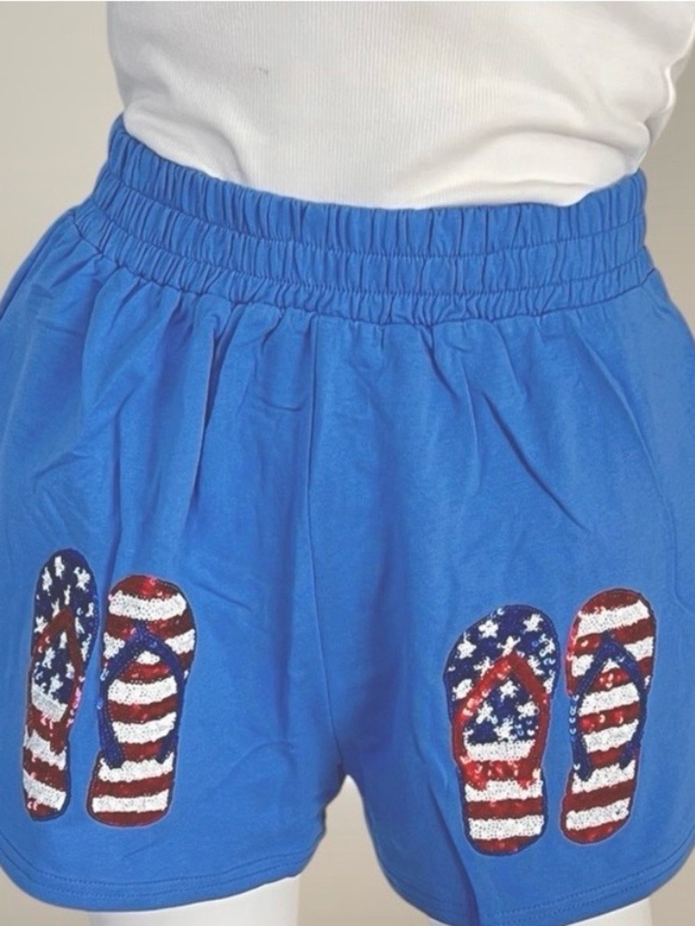 4th of July Shorts with American Flag Sequin Flip-Flop Motif size medium USA - Picture 2 of 5